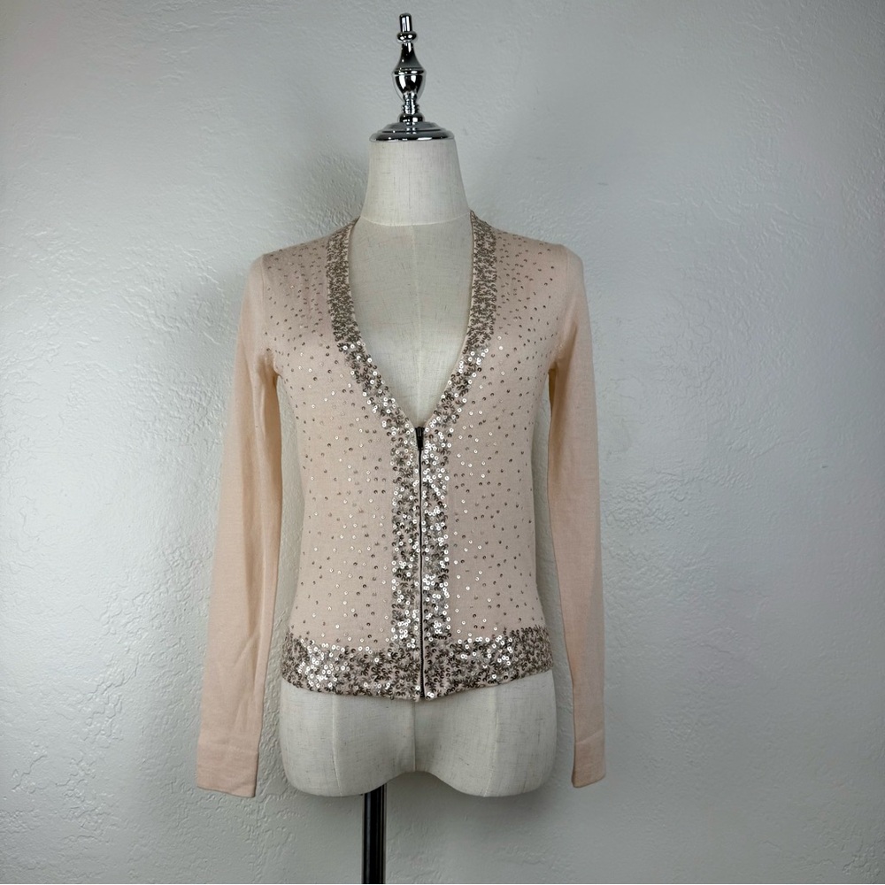 RARE Archive J.Crew 100% Wool Sequin "Chloe" Zip Cardigan PRISTINE Peach XS - Picture 1 of 9